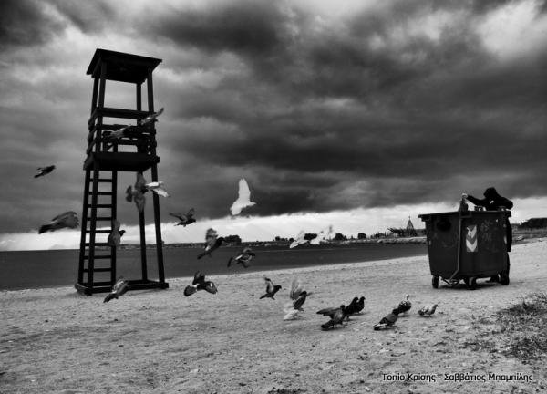 φωτογραφία: Σαββάτιος Μπαμπίλης / ασπρόμαυρη φωτογραφία, παραλία με περιστέρια άσπρα και μαύρα και ένας άνθρωπος να ψάχνει σε κάδο σκουπιδιών