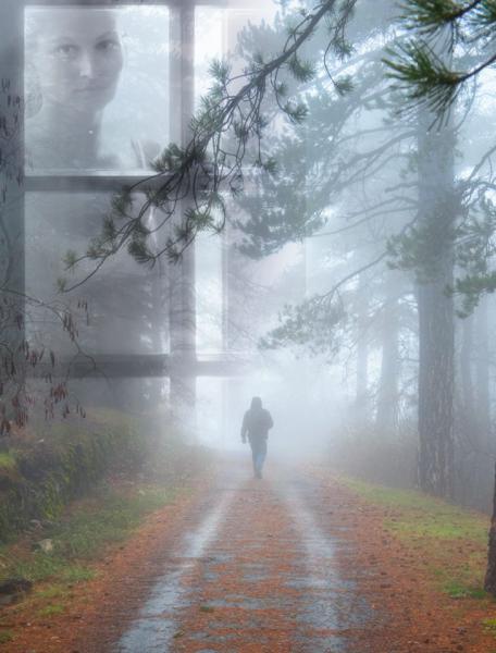 άνδρας που περπατά σ' ένα μονοπάτι στο δάσος, κοπέλα που κοιτάει απο το παράθυρο