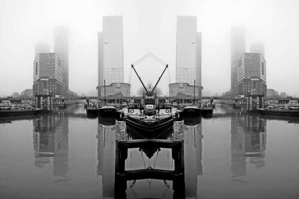 ασπρόμαυρη φωτογραφία, ομίχλη, λιμάνι, κτήρια