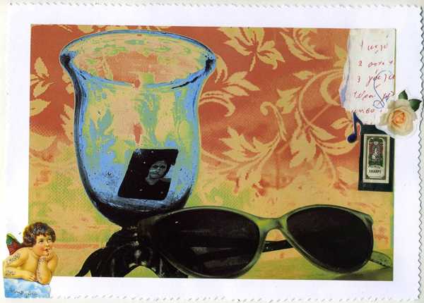 ζωγραφία στην οποία διακρίνεται ένα ζευγάρι γυαλιά ηλίου, ένα ποτήρι και μια φωοτγραφία ταυτότητας μέσα σ' αυτό