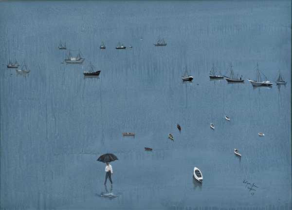 πίνακας ζωγραφικής πολλές διάσπαρτες μικρές βάρκες στη θάλασσα και ένας άντρας με ομπρέλα περπατά στο νερό