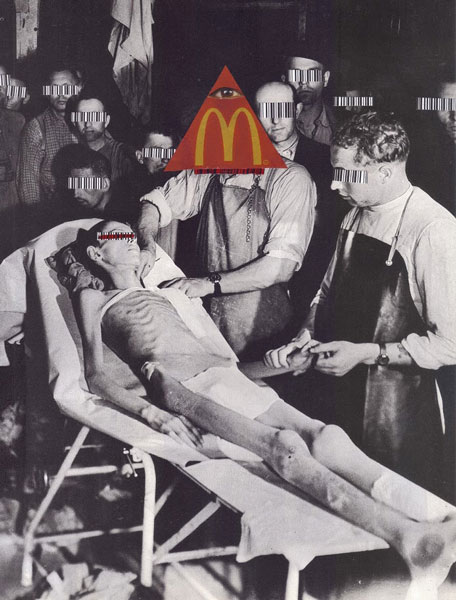 RIP Ronald / αφίσα απεικονίζει σκελετωμένο άνρθωπο και γύρω του γιατροί με barcode αι το σήμα των mac donalds